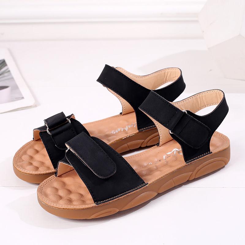 Soft Bottom Sandals Female 2020 Velcro Flat Bottom Students Korean Version of Beef Tendon Bottom Leather Flat Heel Sandals