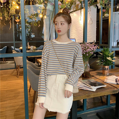 Women Stripe Print Long Sleeve Round Neck T-Shirt Top Summer Fall Lady Casual Pullovers
