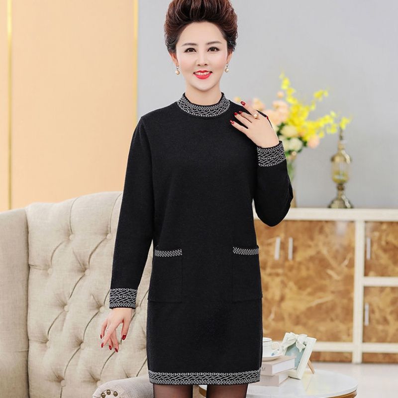 Autumn and Winter Thick Mid-length Dress Half High Neck Knitted Casual Bottoming Skirt Simple Temperament Middle-aged Women Sweater Dress