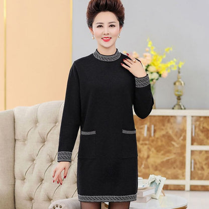 Autumn and Winter Thick Mid-length Dress Half High Neck Knitted Casual Bottoming Skirt Simple Temperament Middle-aged Women Sweater Dress