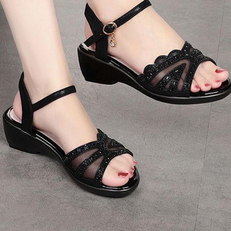 Leather Mesh Sandals Women's Spring and Summer New Hollow One-word Buckle Fish Mouth Wedge Mother Shoes Ladies Sandals