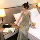 Female Summer Elegant Small Wrinkle Chrysanthemum Chiffon Long Slim V-neck Printing Suspender Floral Dress