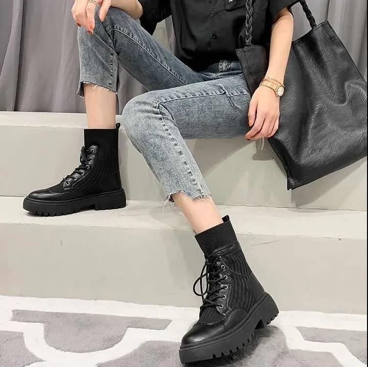 Martin Boots Women's Winter Knit Stitching Lace-up Ankle Boots Leather Thick-soled Motorcycle Boots