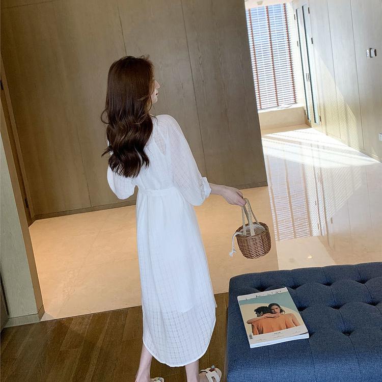 Women's Summer Fall T-shirt Dress Stand-up Collar Cotton and Linen Stand-up Collar Buttons Waist Belt White Dress