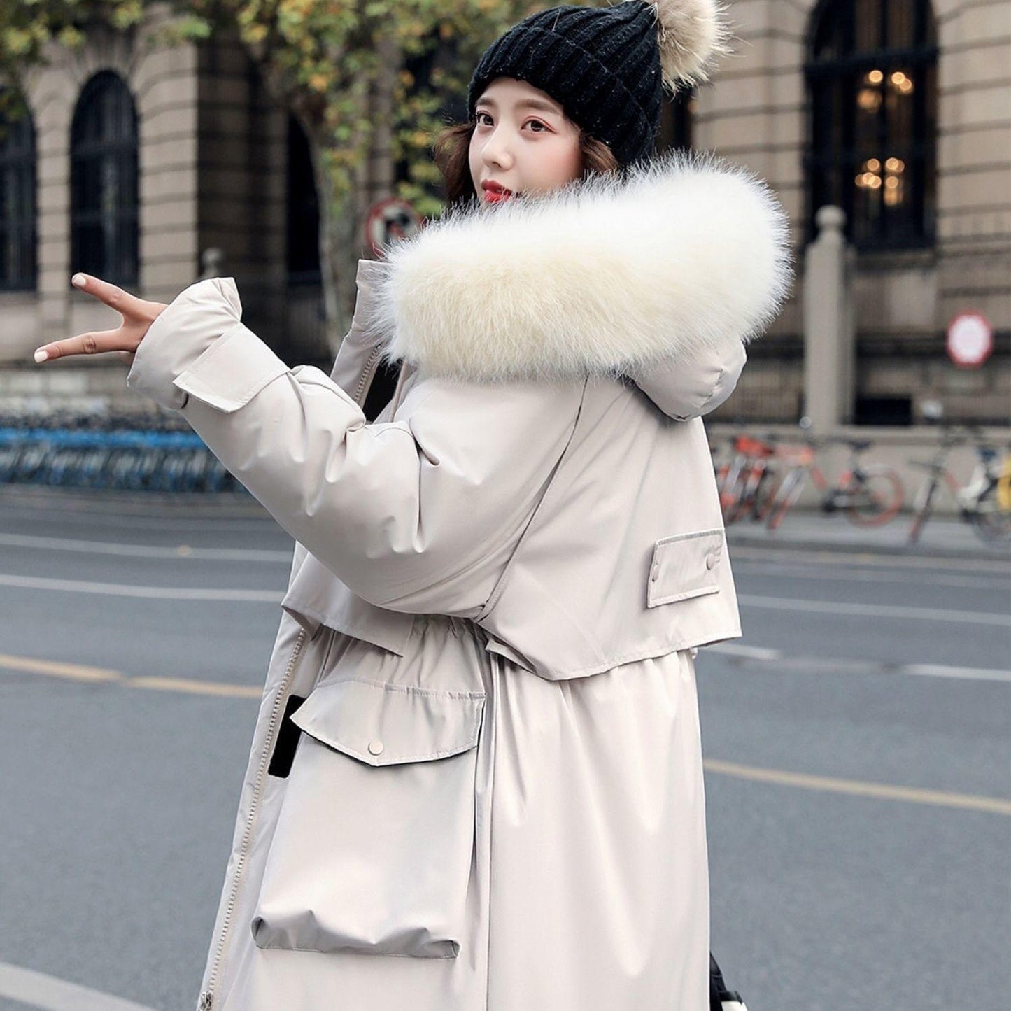 Faux Fur Collar Mid-length Down Jacket Women's Length Over The Knee, Large Size, Thicker, Loose Waist and Slim