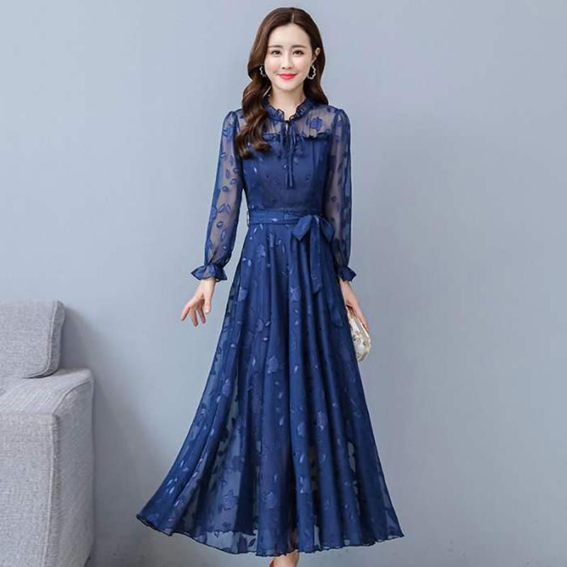 Spring and Autumn Blue Long Sleeve Floral Chiffon Dress Close Waist Show Thin Age Temperament Large Swing Long Skirt Women