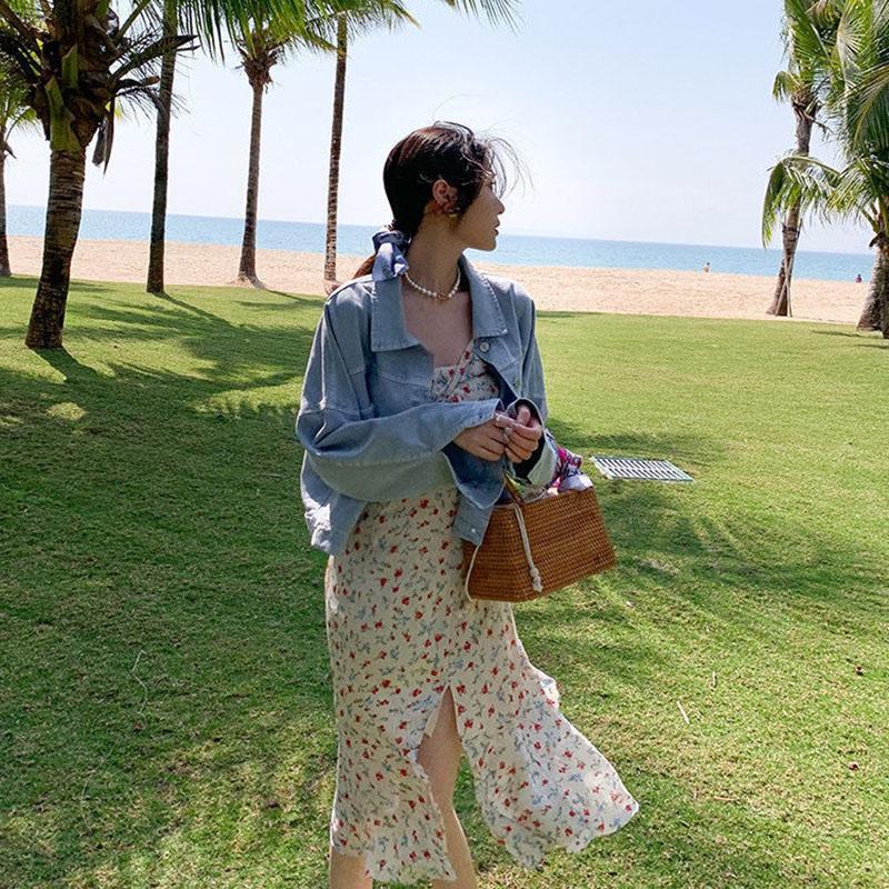 Floral Pearl Sling Dress Summer Mid-length Split Sweet First Love Dress