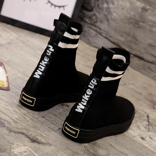 Women's Casual All-match Knitted Wool Boots Spring and Autumn Sponge Cake Platform Boots Sleeve Stretch Rider Boots