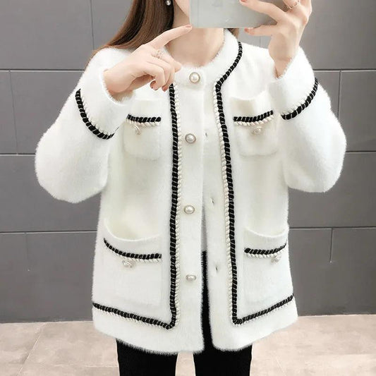 Xiaoxiangfeng Imitation Mink Velvet Thickened Short Coat Women's Spring and Autumn Long-sleeved Round Neck Knitted Cardigan Woolen Top