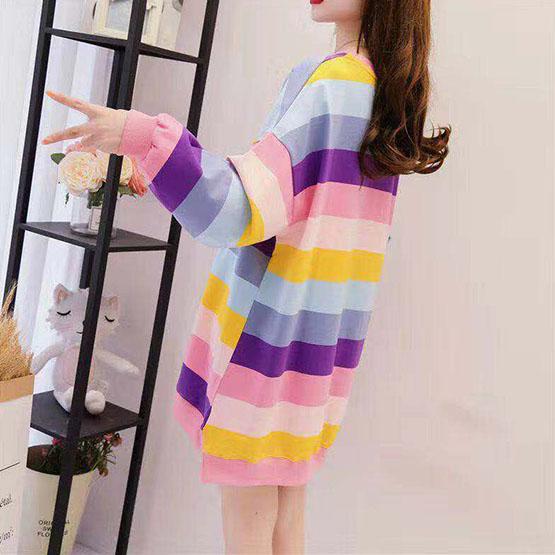 Women's Autumn Plush Mid-length Loose Tops Female Large Size Long Sleeve Rainbow Striped T-shirts