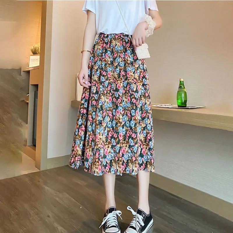 Floral Skirt Women Chiffon High Waist Long Skirt A-line Skirt Mid-length Floral Skirt Elastic Waistline Ladies Skirt Fabric Light and Breathable