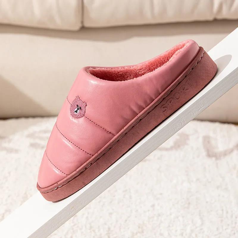 Cotton Slippers Women Winter Indoor Thick-soled Anti-skid Home Couple Models PU Surface Waterproof Warm and Velvet Slippers Men's Slippers