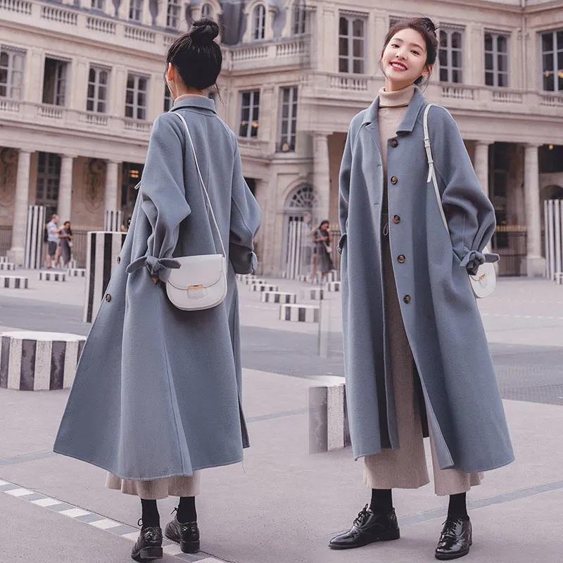 Hepburn Style Woolen Coat Women's Mid-length Korean Style Loose Woolen Coat Plus Cotton Thick Autumn and Winter Woolen Coat