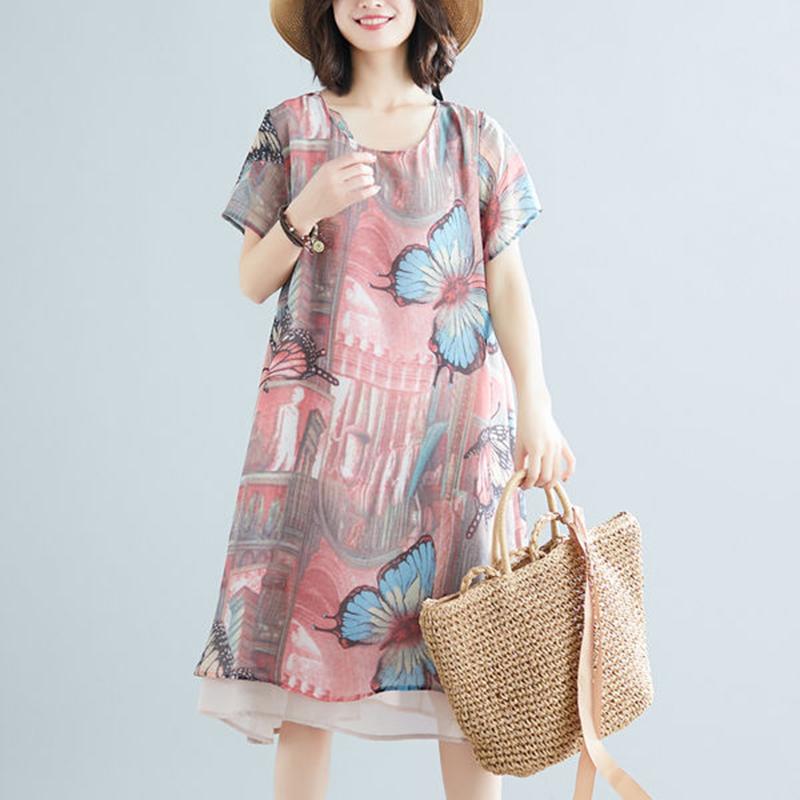XL Women's Chiffon Round Neck Dress Fabric Lightweight Breathable Mid-length Loose Large Size Dress Women Retro Style