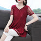 Women's Summer Short-sleeved Mid-length Lace Shirt V-neck Large Size Loose T-shirt