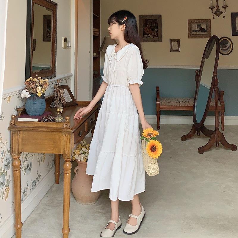 Cute Sweet Well-behaved Girl Solid Color Bow Ruffle Mid-length A-shaped Skirt Age Reduction Looser  Short Sleeve Dress
