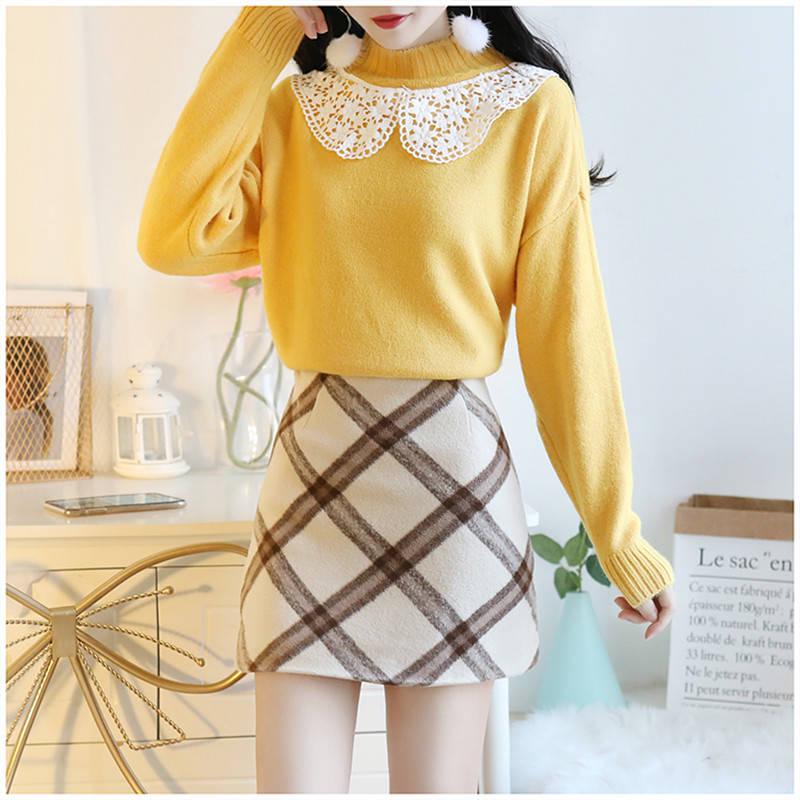 Pofulove Schoolgirl Lace O Neck Warm Knitwear Skin-friendly High Elasticity Girly Pullover Sweater