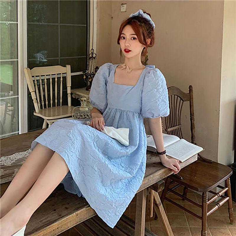 Spring and Summer Dress Korean Version of French Square Neck Bow Loose Temperament Puff Sleeve A-line Skirt
