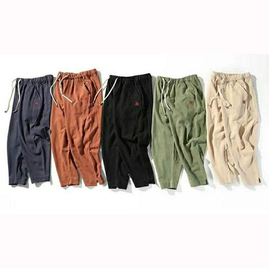 Linen Embroidery Printing Chinese Style Summer Trousers Men's Loose Casual Pants Cotton and Linen Harem Pants