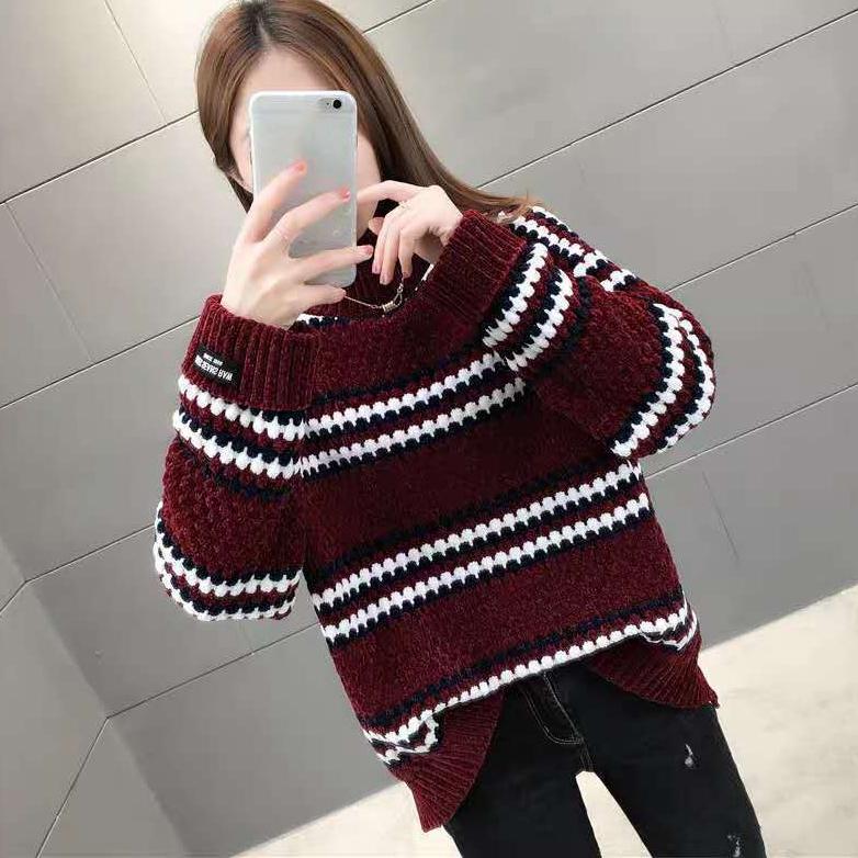 Women's Winter Large Size Versatile Striped Sweater Female Autumn Loose High Collar Long Sleeve Warm Knitted Pullover