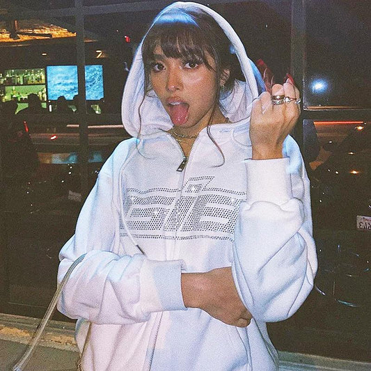 Rhinestone Letter Print Women Long Sleeve Sweatshirt Hoodis Zipper Loose Oversized Streetwear Casual 2021 Autumn Winter