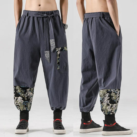 Chinese Style Linen Cotton Casual Pants Embroidery Tooling Bloomers Male Hip-hop Retro Style Tang Suit