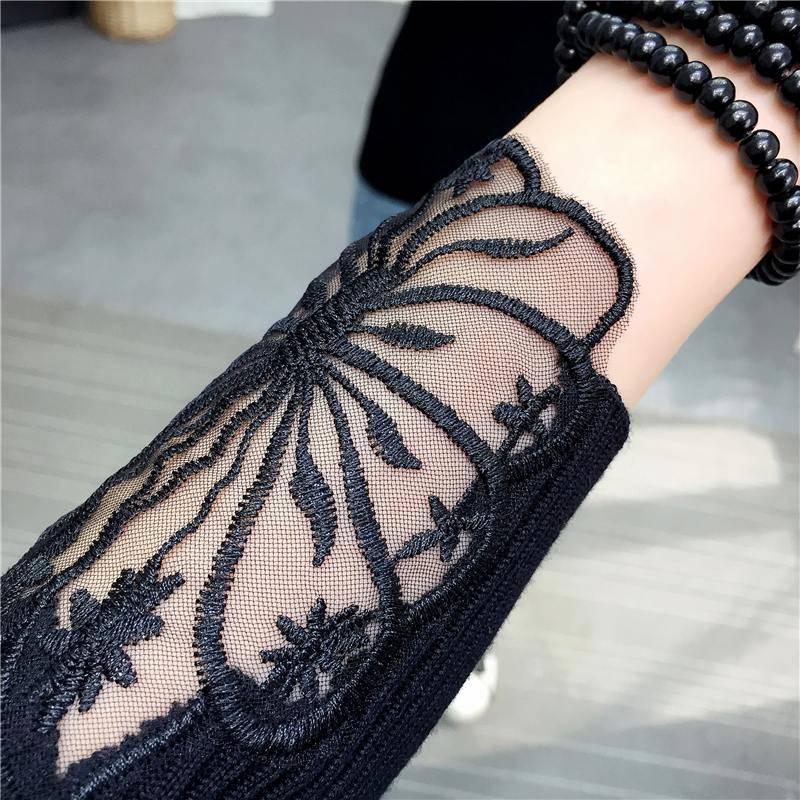Pofulove Hollow Sweater Women's Pullover Sweater Stretch Net Yarn Embroidered Lace Bottoming Shirt