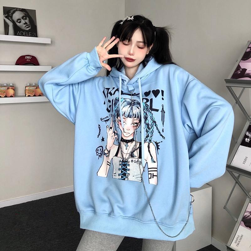 Punk Gothic Hoodies Black White Anime Printed Fashion Japanese Style Pullover Sweatshirts with Chain Girl Hip Hop Hipster Tops Fleece Thick Winter