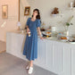 Summer Retro French Casual Solid Color Over-the-knee Long Skirt Waist Puff Sleeve Square Neck Short-sleeved Dress