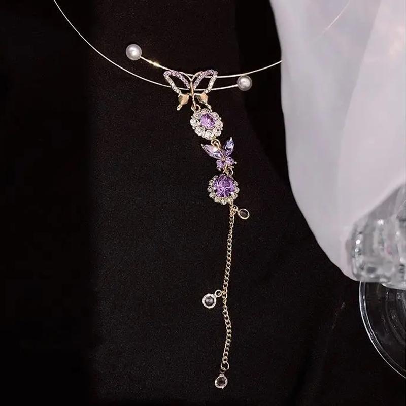 2PCS Purple Butterfly Pendant Necklace Gold Collar Clavicle Chain Neck Neckband Jewelry Gold Choker for Girls Personalized Ornaments Choker Necklaces