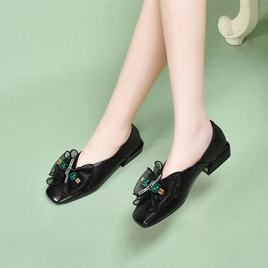Single Shoes Women's Four Seasons Sweet Low-heeled 2021 Spring and Autumn Square Toe Thick-heeled Small Leather Shoes Shallow Mouth Flat Shoes