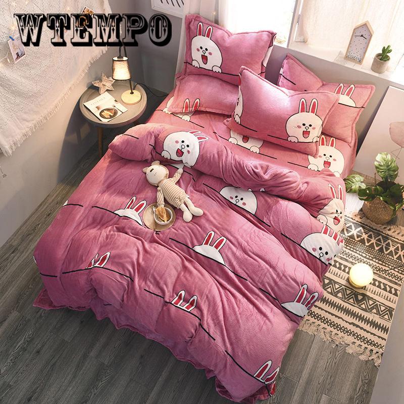 4pcs Thick Double-sided Flannel Duvet Cover Purple/blue/pink Printed King Size Bedding Set