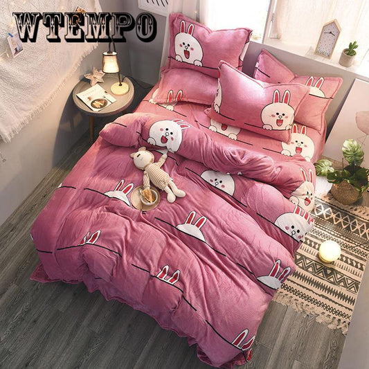 4pcs Thick Double-sided Flannel Duvet Cover Purple/blue/pink Printed King Size Bedding Set