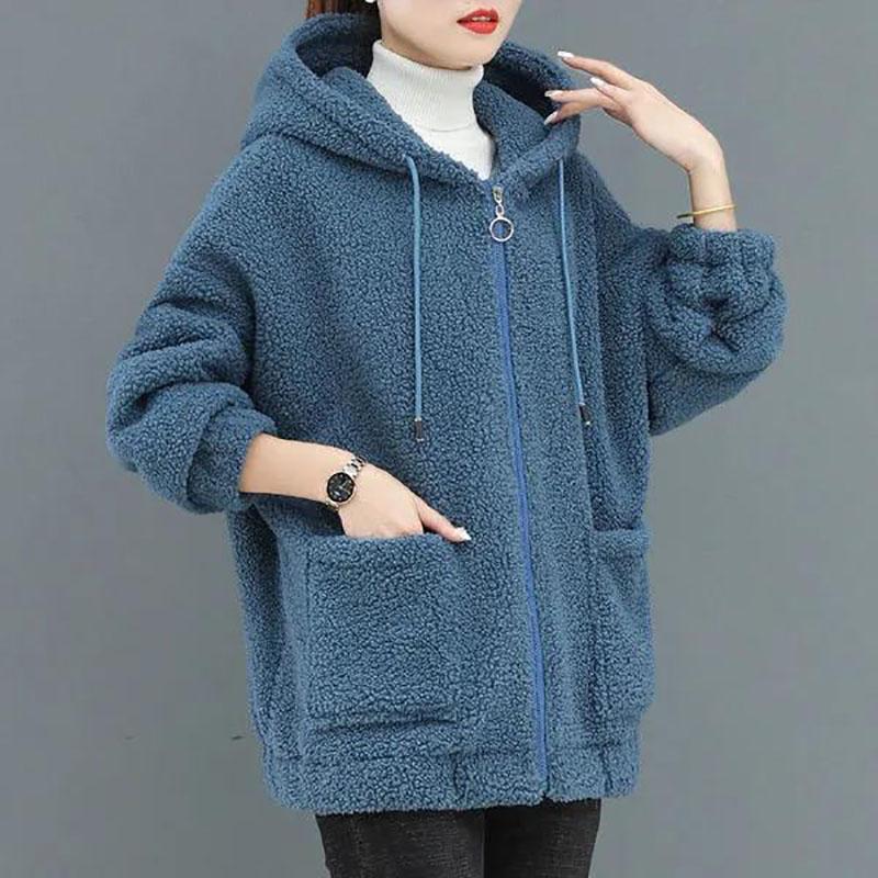 Autumn and Winter Ladies Lamb Velvet Jacket Thick and Loose Large Size Hooded Long-sleeved Zipper Jacket