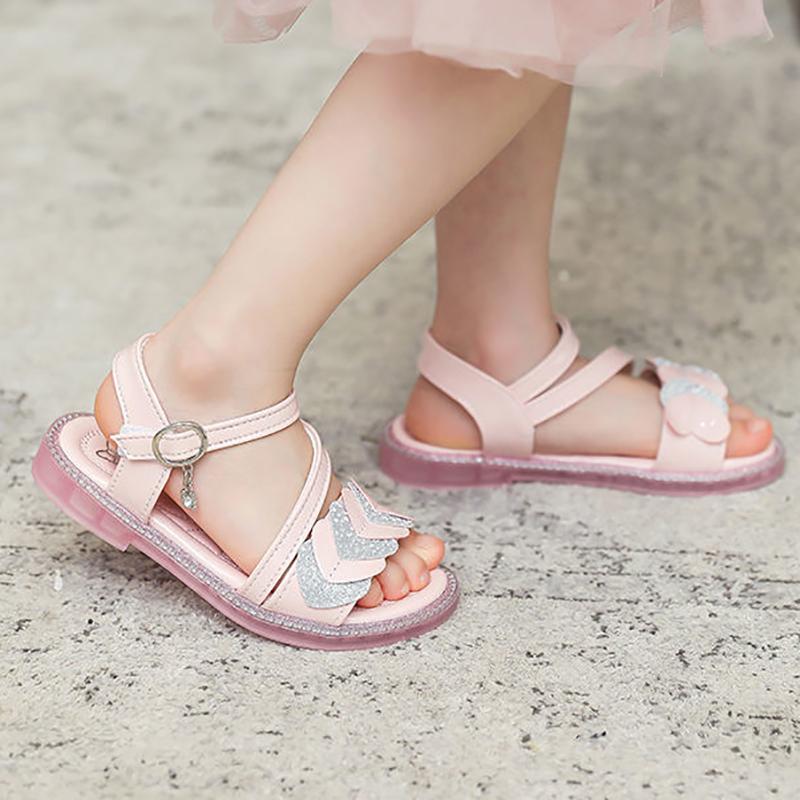 Children's Sandals Girls Princess Shoes Non-slip Soft-soled Beach Shoes Girls Diamonds  Flat Sandals with Ankle Straps