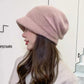 Women's Autumn Winter All-match Korean Version Warm Pile Hat Knitted Woolen Hat Solid Knitting Hat with Brim Rabbit Hair Blend Rhinestone Hat