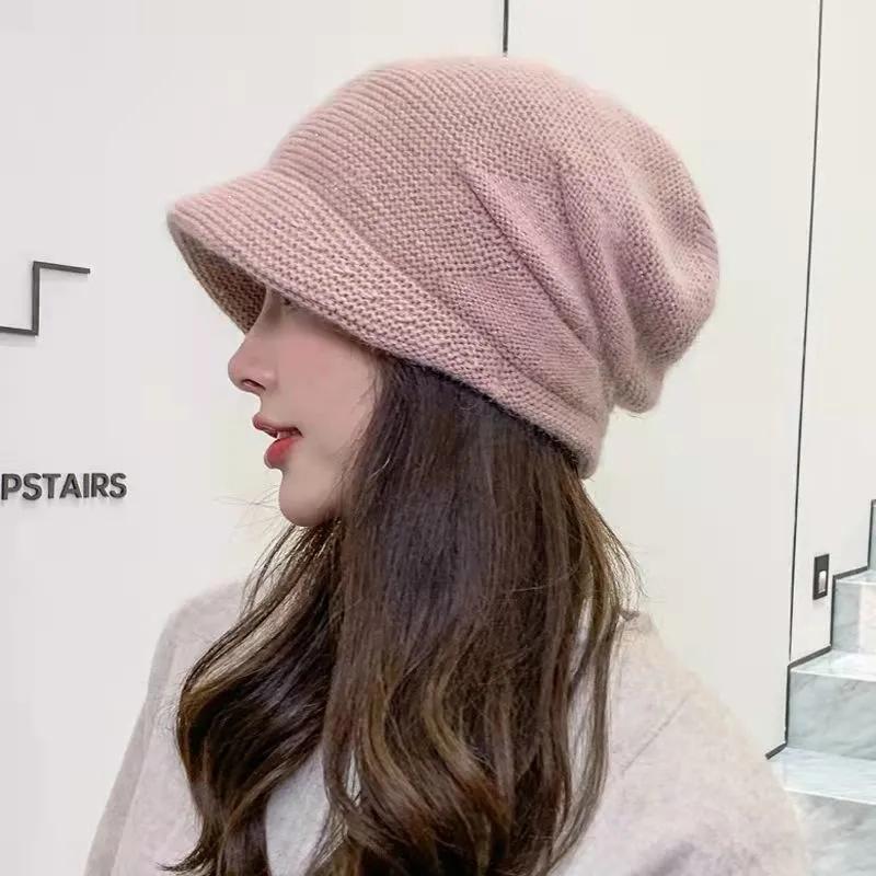 Women's Autumn Winter All-match Korean Version Warm Pile Hat Knitted Woolen Hat Solid Knitting Hat with Brim Rabbit Hair Blend Rhinestone Hat