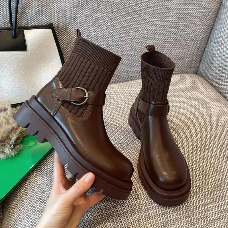 Spring and Autumn Elastic Boots Women's Socks Boots Thick Martin Boots British Style Chelsea Boots Single Boots