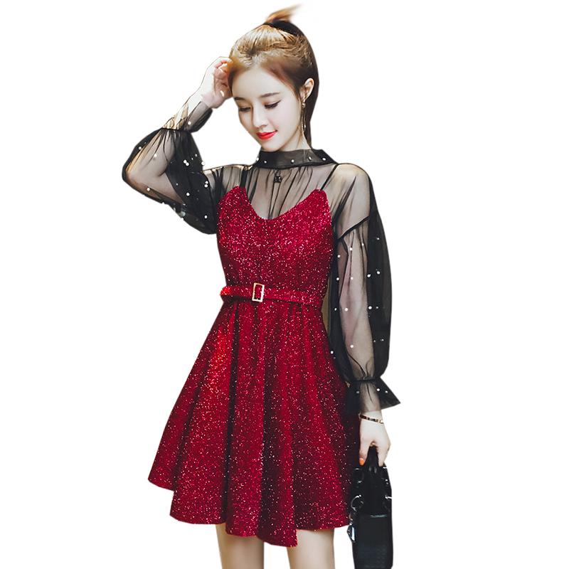 Korean Temperament Mesh Beaded Top Shiny Sling Waist Dress