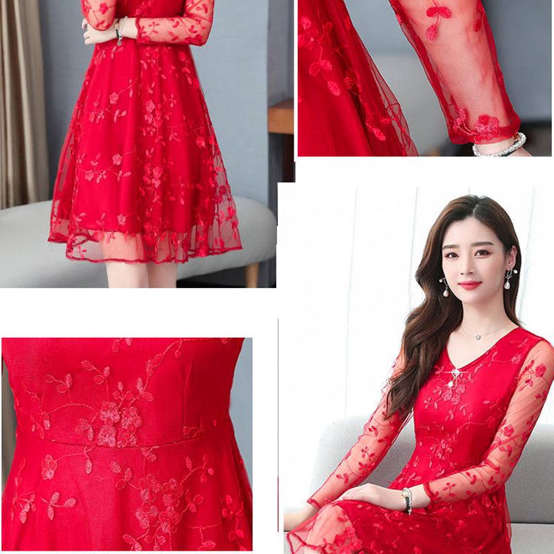 Lace Dress Spring Summer Knee-length V-neck Mesh Hollow Full Sleeve Party Dress