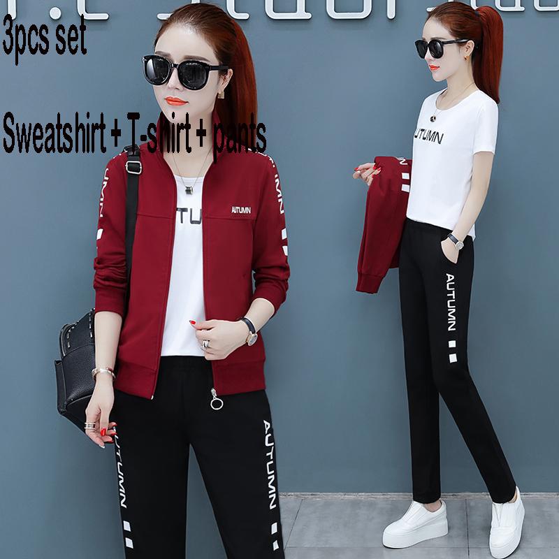 Spring and Autumn Women 3pcs set Wild Long Sleeve Casual Sweatshirt Set Large Size