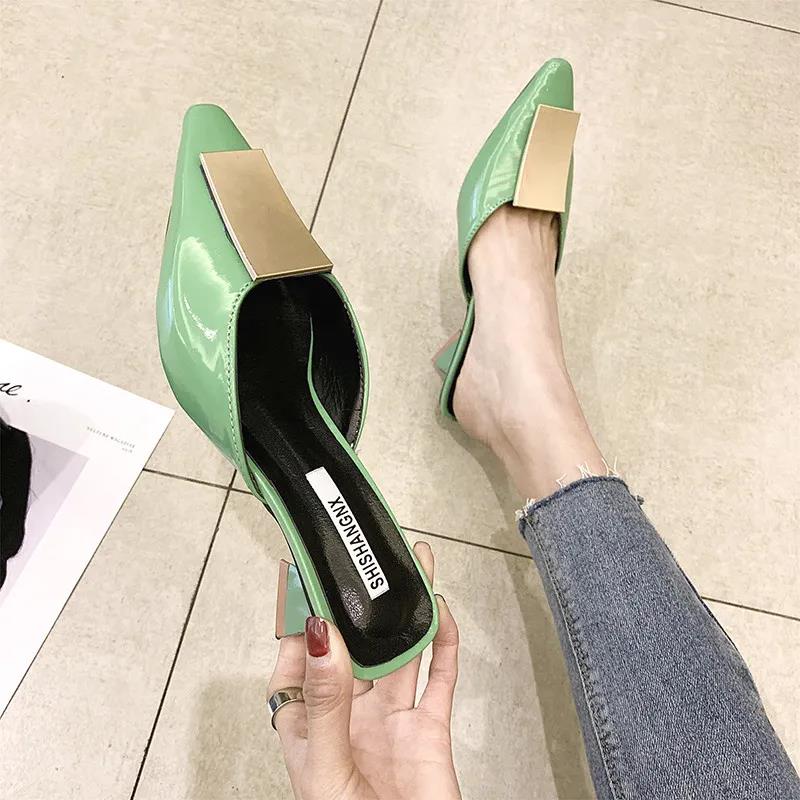 Pointed Half Slippers Women's Summer Wear Fashion All-match Thick Heel High Heel Sandals Muller Half Toe Shoes