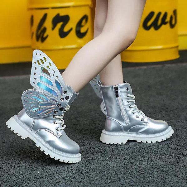 Children's Martin Boots Girl's Autumn Princess Single Boots British Style Children Solid Color Casual Wing Decoration Boots