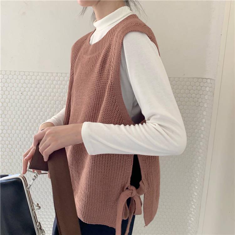 College Style Sweater Vest Women's Round Neck Loose Side Lace Up Knitted Sweater Vest