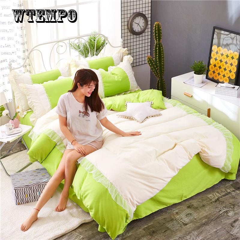 WTEMPO Thick Quilted lace Bedding set Bed set Princess Korean Girls White Pink Bed skirt set