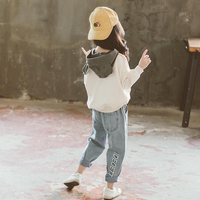 Fashion Children's Clothing Girls Pullover Hooded Sweater Jeans Two-piece Casual Spring and Autumn Loose Sports Suit