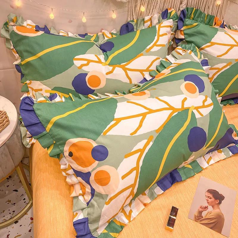 Princess Style Print Pillowcase Korean Style Fashion Lace Soft Pillow Core Cover A Pair of Cotton Pillowcases for Adults