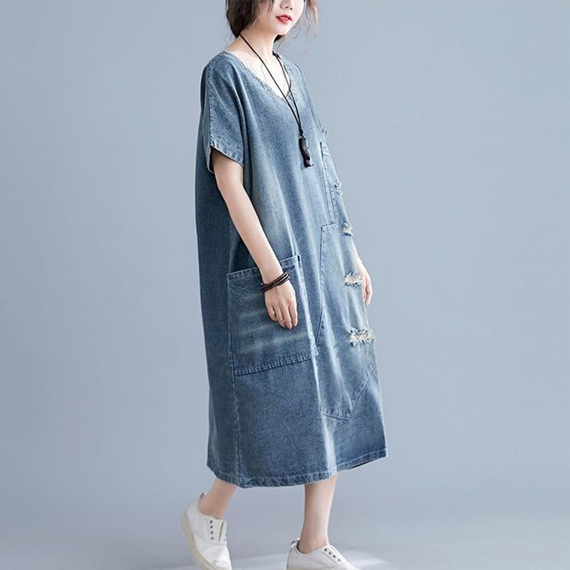 WTEMPO Loose Mid-length Frayed Dress Loose Literary Plus Size Summer Dress Denim Dress with Ripped V-neck