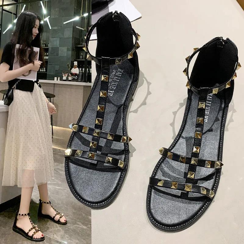 Sandals Women Korean Summer Rivet Shoes Fashion Flat Bottom All-match Roman Shoes Sandals Slippers