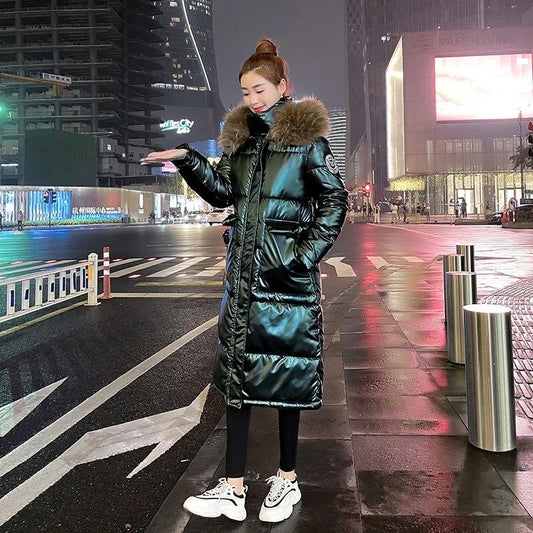 Winter Fashion Big Fur Collar Bright Face Down Padded Jacket Women Mid-length Thick Coat